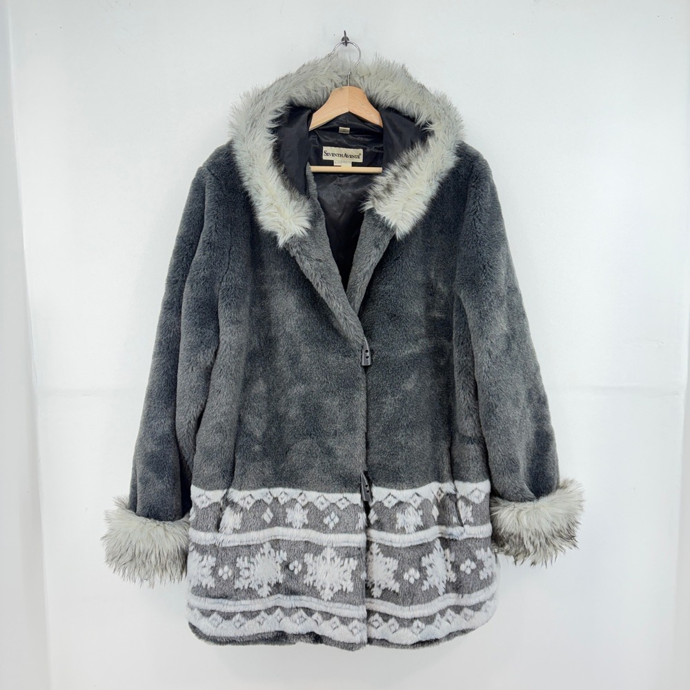 Seventh Avenue Gray Faux Fur Hooded Toggle Coat Snowflake Fair Isle  Womens XL